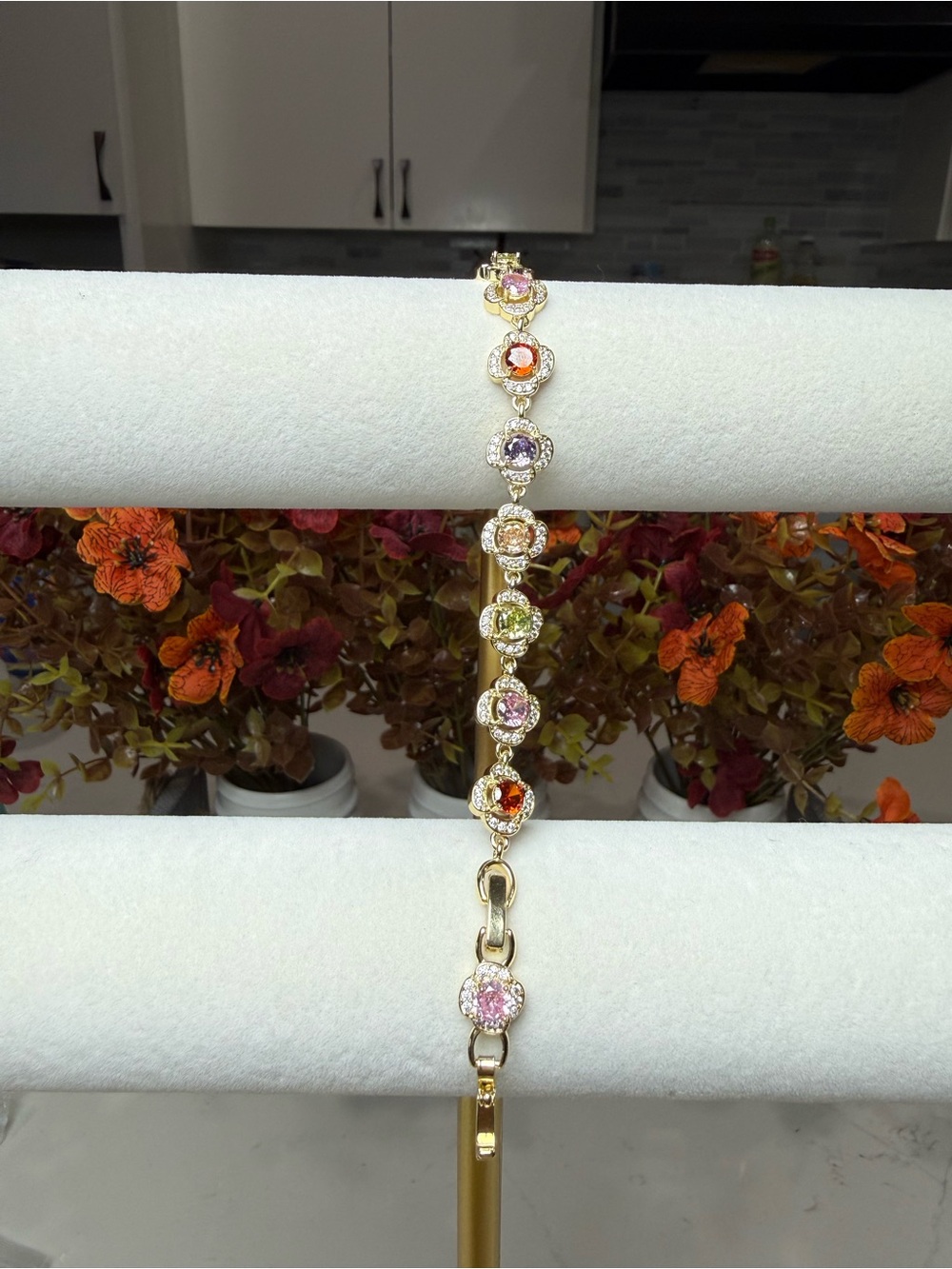 Gold Multi-Stone Clover Bracelet - Pink, Orange, Green, Purple Accents